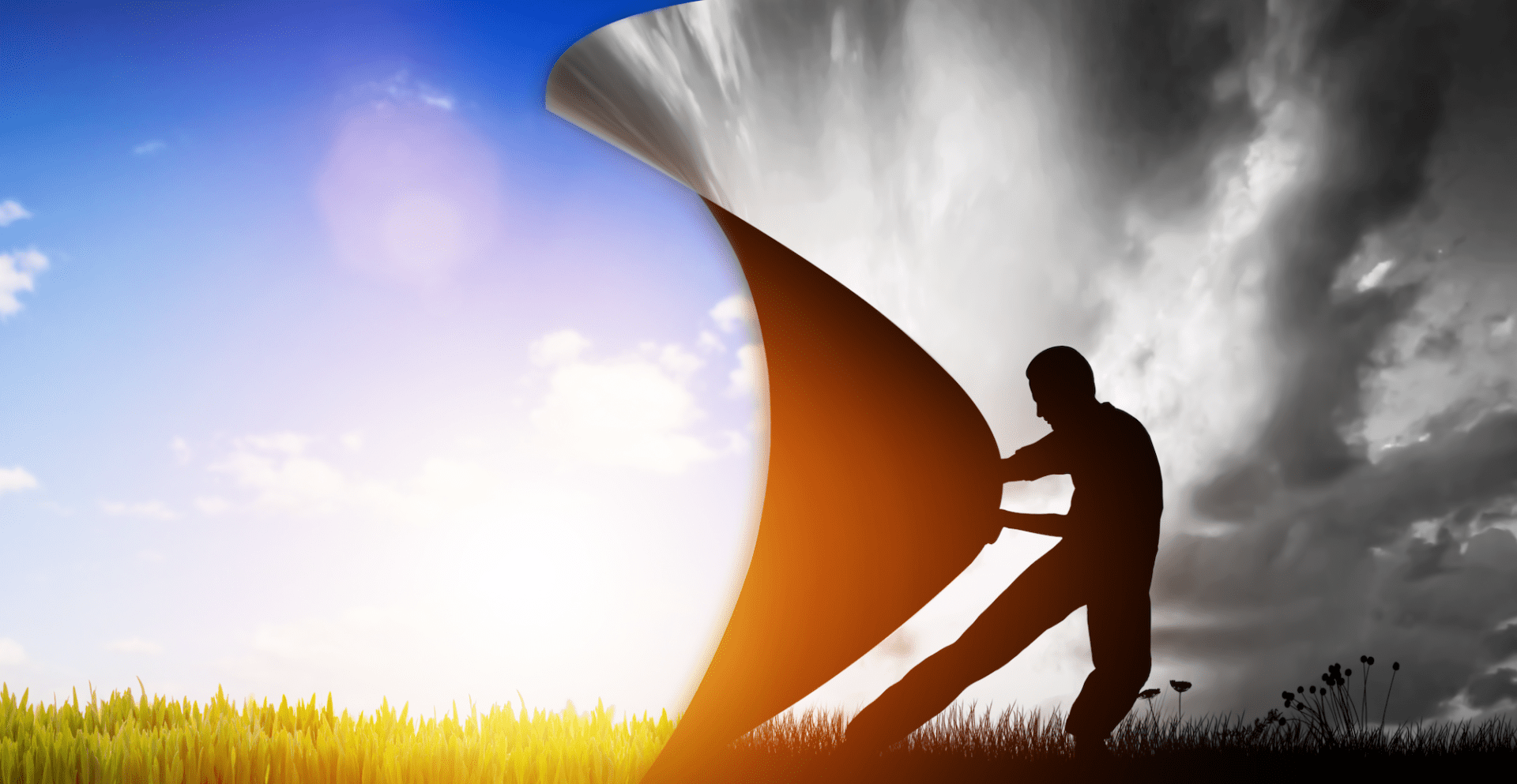 Man pulling a curtain to reveal a sunny day when he is standing in a gloomy picture