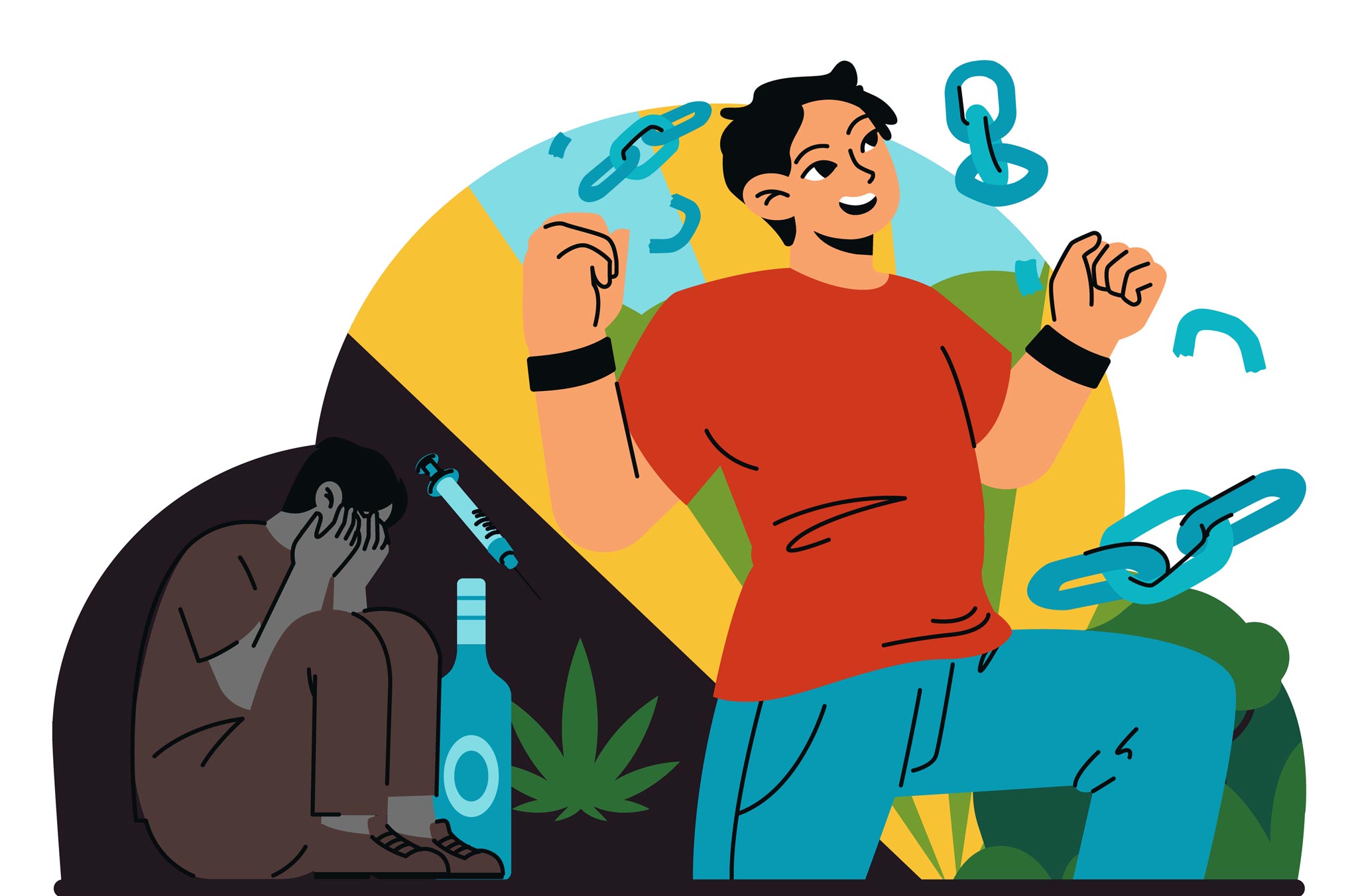 illustration of a young man breaking free of addiction after failing other treatment programs and trying this sober living