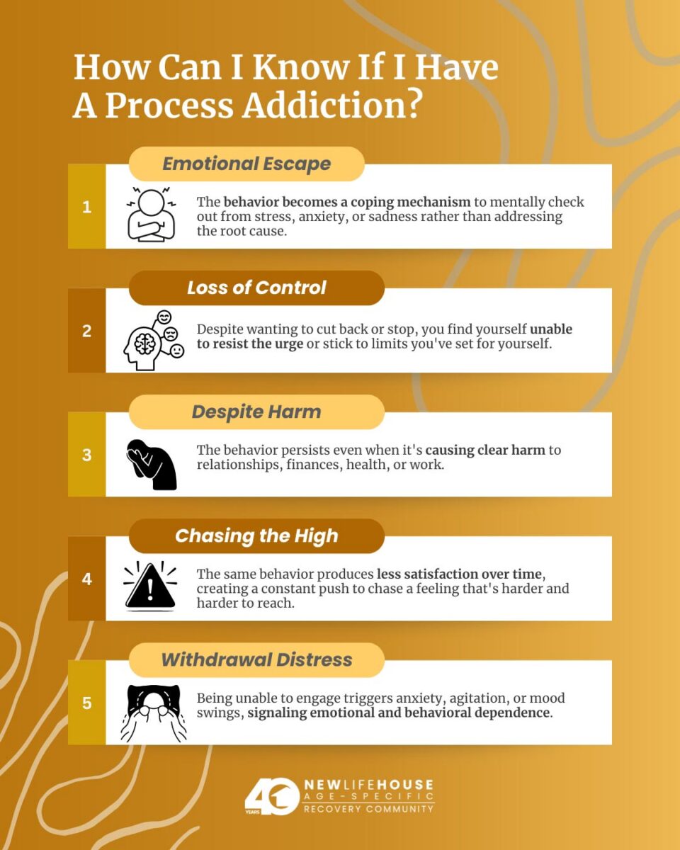 infographic explaining how to tell if you have a process addiction (also known as a behavioral addiction)